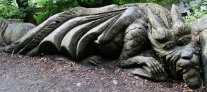 A magnificent carved dragon found in a forest, outside a castle, in Stirling Scotland
